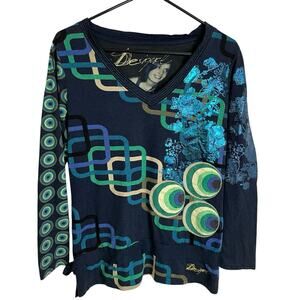 Desigual Long Sleeve Shirt Medium Womens Top Multi Art to Wear Embroidered Tie